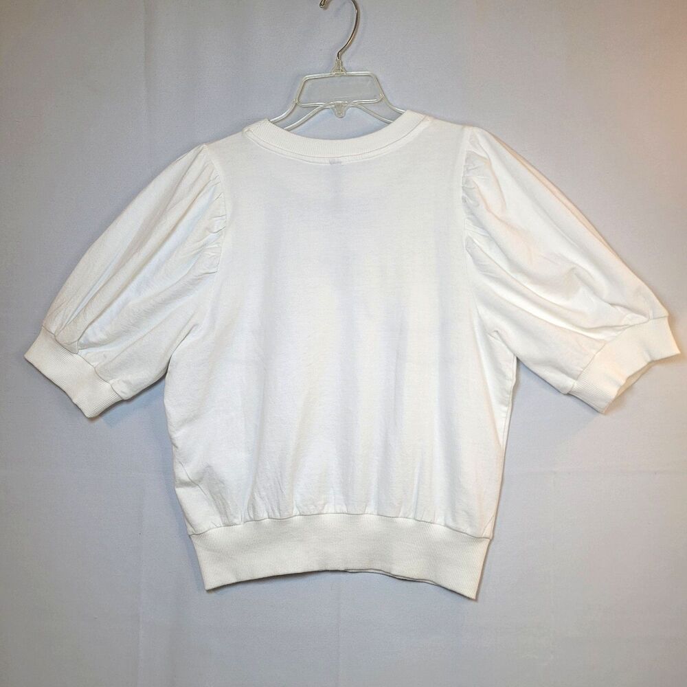 By Anthropologie Wmn Embroidered Beaded Puff Sleeve Sweatshirt Top Ivory Sz Med - Picture 10 of 13